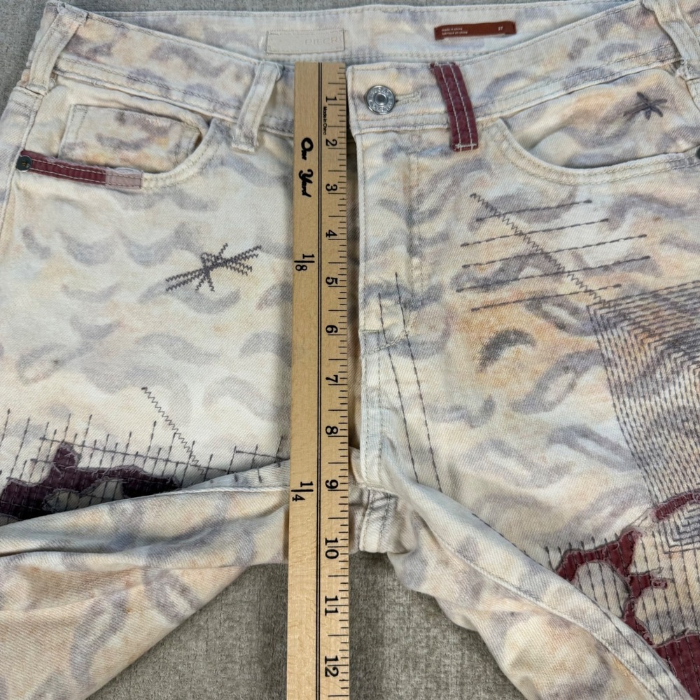 Pilcro Slim Boyfriend Jeans Womens 27 Tan Cream Patchwork Embroidered Abstract - Picture 5 of 10